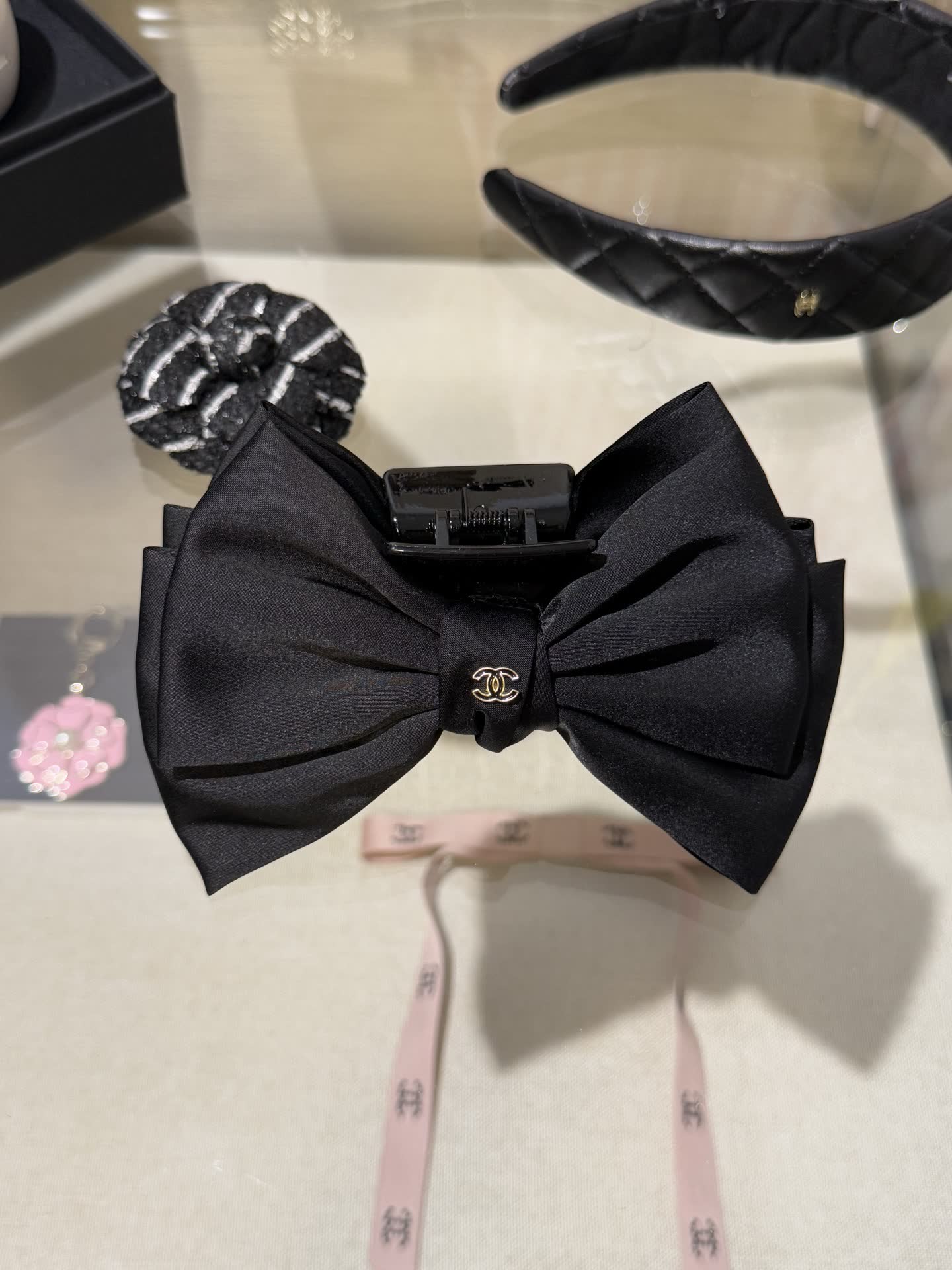 Chanel Black Satin Bow Hair Clip